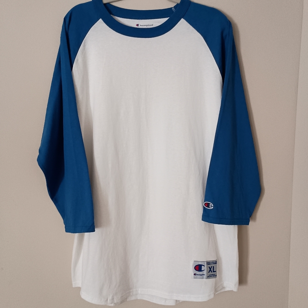 Champion Baseball Shirt Blue and White Raglan Sleeve Size XL